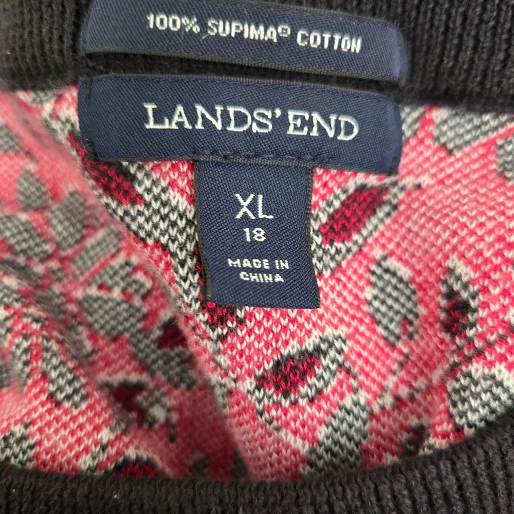Lands‎ End Womens Red Floral Knit Sweater Top XL 3/4 Sleeve Supima Cotton Casual